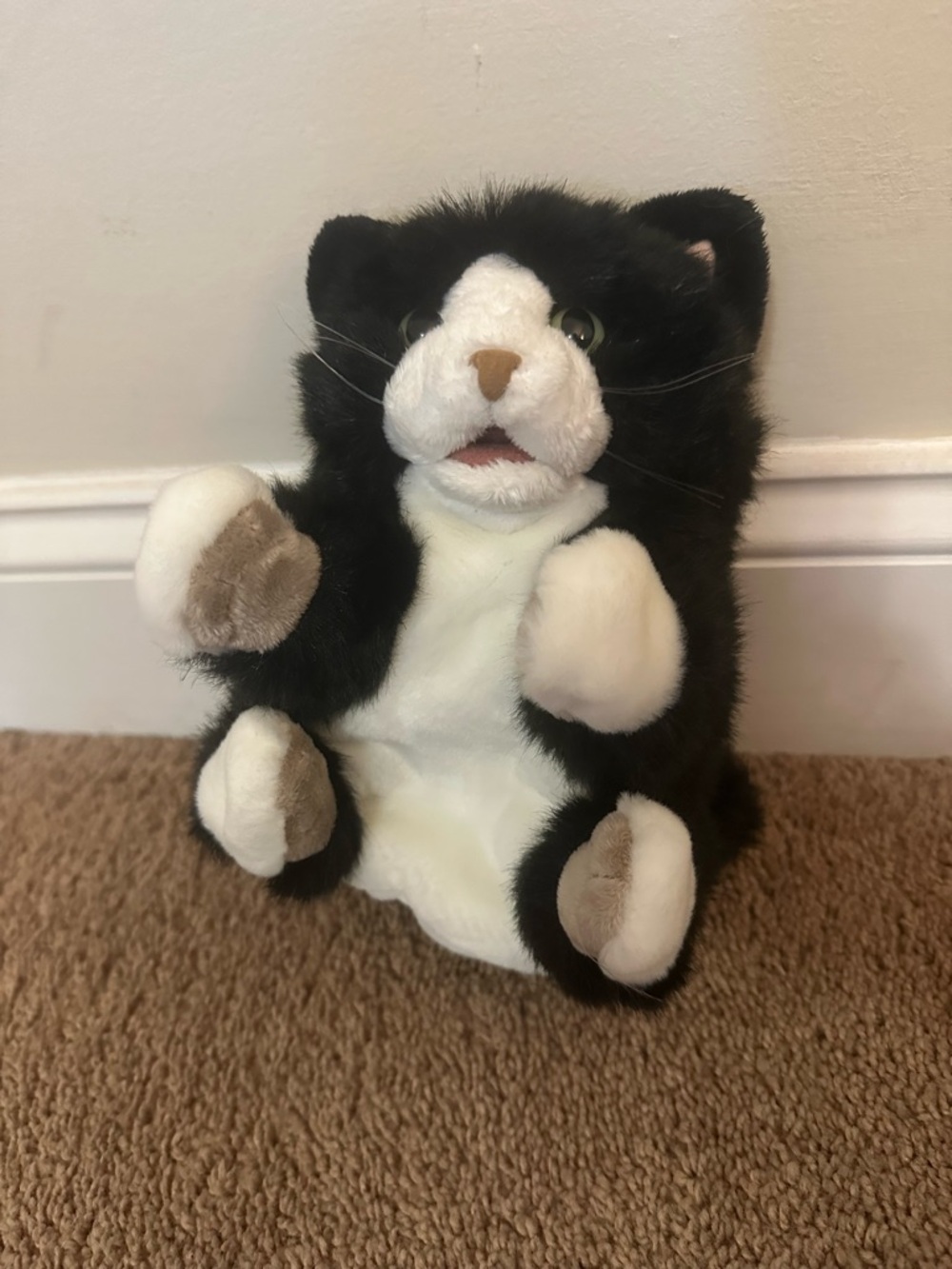 Folkmani Tuxedo Kitten Hand Puppet Black and White Cat Plush